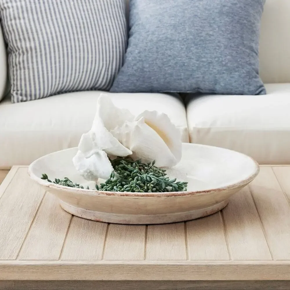 NEW POTTERY BARN White Cream Tan Handmade Terracotta Oversize Decor Low Bowl